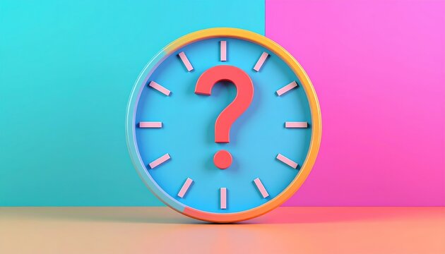 Circular clock icon with question mark, 3D Illustration, time management concept, vibrant background