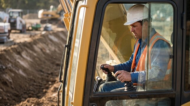 Excavator operator guides clean construction earthworks