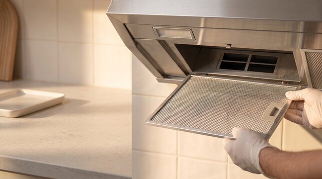 Homeowner removes range hood filter for routine care