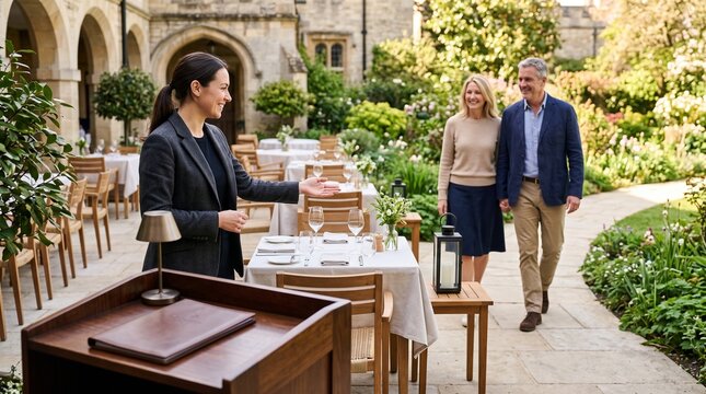 Host welcomes first guests to a spring courtyard terrace