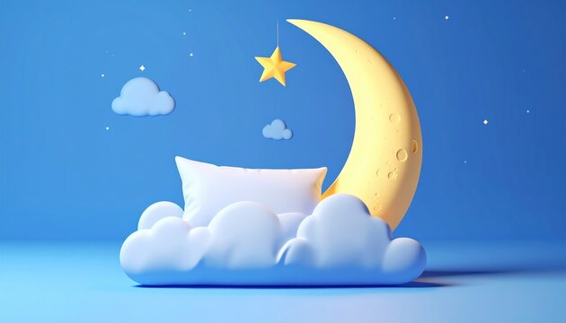 Healthy sleep concept with moon and pillow 3D illustration