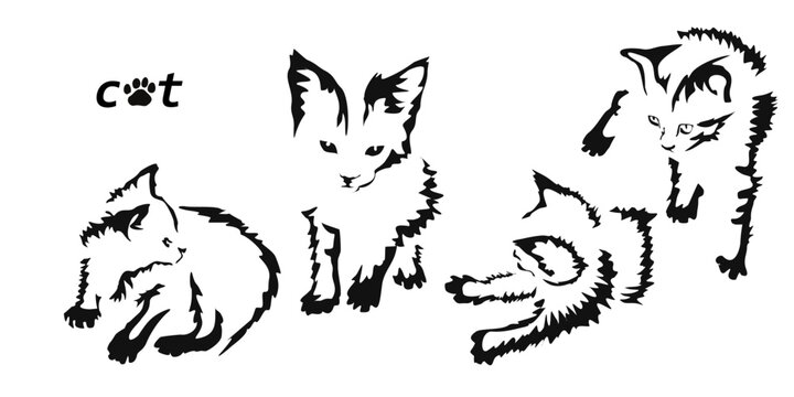 Vector drawing of a kitten. Black and white gestalt design of a funny pet. Little kitty. Cute animal illustration. Postcard for International Cat Day. Drawing of an animal in the Gestalt style.