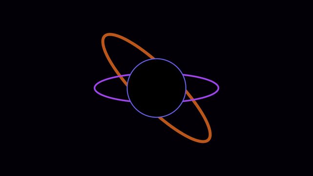 Abstract atom model with rotating orbital rings, minimalist science and technology motion animation 4k