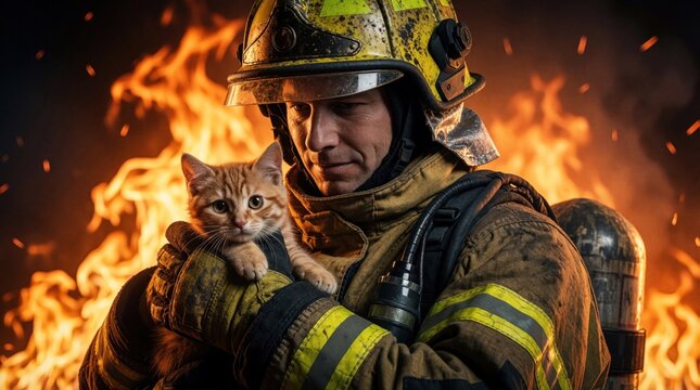 Firefighter in protective gear cradles small kitten amidst roaring flames. Heroic rescuer looks intensely at camera, saving small pet from fire.