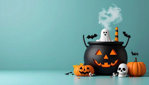 Halloween witches cauldron with pumpkin, ghost and skull, 3D Illustration