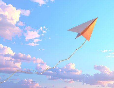 3D paper airplane flying upward along a glowing financial growth chart line in the sky
