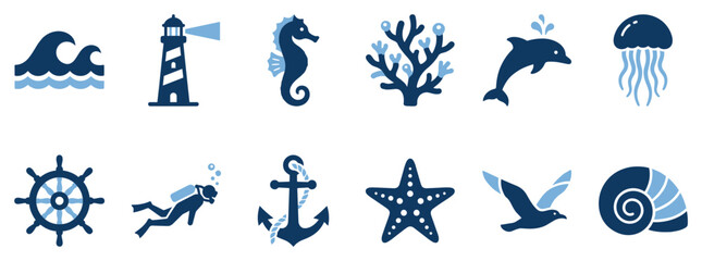 Fototapeta premium Ocean and sea life icons set. Marine adventure and nautical concept. Includes waves, lighthouse, seahorse, coral, dolphin, jellyfish, ship wheel, diver, anchor, starfish, seagull, seashell