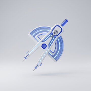 3D Engineering Drafting Compass Icon White Geometric Protractor Tool with Glowing Blue Accents for Architecture, Design, Precision Geometry & STEM Education Concepts