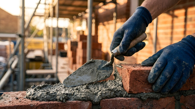 Professional bricklayer hands wearing protective gloves applying mortar with a metal trowel to build a red brick wall at a construction site, high quality close up photography for building industry