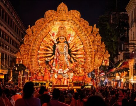 Devotees gather for illuminated Durga Puja festival celebration at night with large golden idol and crowd