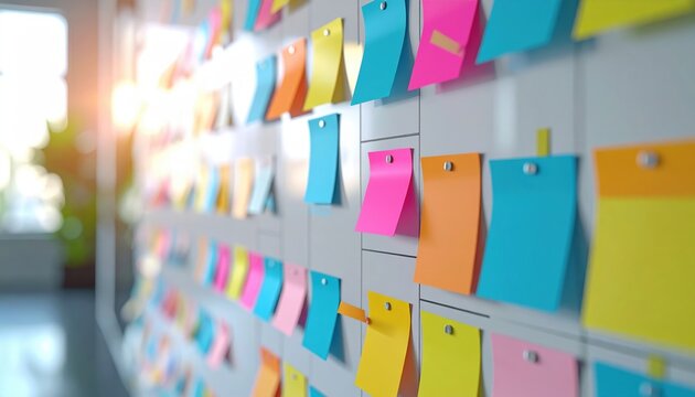 Project management board with colorful task cards 3D illustration