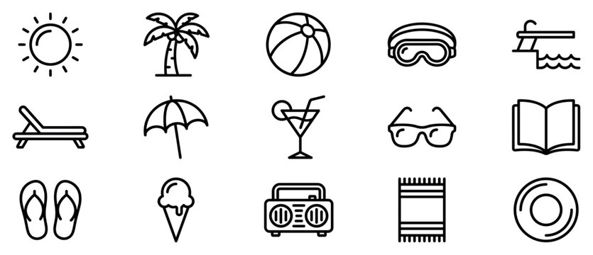 Summer vacation icons set. Beach holiday and travel concept. Includes sun, palm tree, beach ball, swimming goggles, diving board, lounge chair, umbrella, cocktail, sunglasses, book,