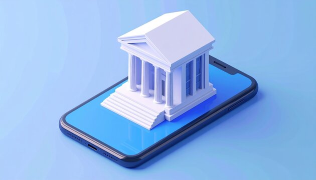 Mobile banking app with bank building icon 3D illustration