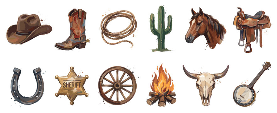 Wild West icons set. American cowboy and frontier concept. Includes cowboy hat, boot, lasso, cactus, horse, saddle, horseshoe, sheriff badge, wagon wheel, campfire, bull skull, banjo