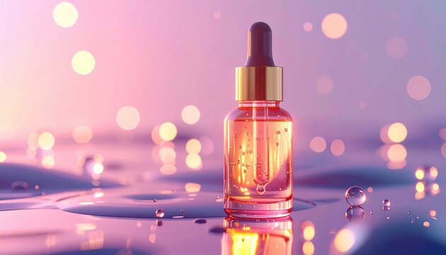 Beauty serum bottle with glowing droplets 3D illustration