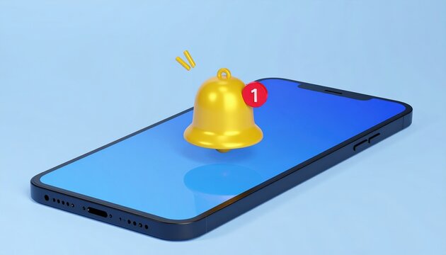 App notification bell with smartphone 3D illustration