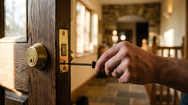 Hand installing deadbolt lock on wooden door using screwdriver for home security upgrade in residential interior setting, professional locksmith service concept, high quality realistic photography