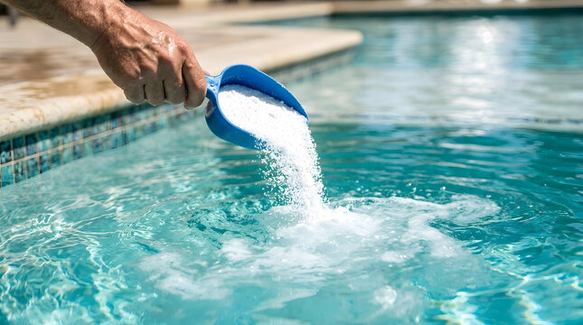 Hand pouring pool chemicals into blue water using a plastic scoop for maintenance and sanitation in a residential backyard swimming pool, professional cleaning service concept, high quality photo