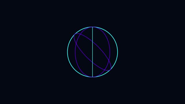 Abstract neon sphere rotating animation with glowing intersecting rings on dark 4k background rotation