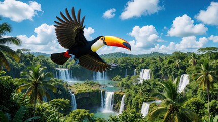 Fototapeta premium Colorful toucan flies through blue sky above tropical rainforest. Large exotic bird soars over rich green jungle with massive waterfalls, turquoise river. Scenic landscape shows wild nature with many