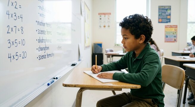 Young schoolboy copying math exercises from whiteboard into notebook. Focused student during elementary class