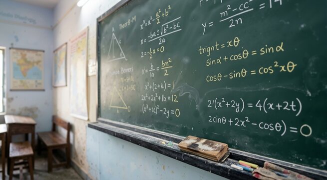 Chalkboard with written mathematics formulas and wooden eraser in classroom. Selective focus on school blackboard covered with algebra and trigonometry