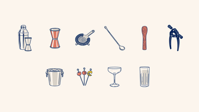 Cocktail bar tool icon set in navy line art &ndash; Ideal for bar menus, mixology blogs, or drinks branding