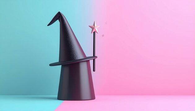 Simple magic wand tool with magician hat, 3D Illustration, creative concept, isolated on pastel background