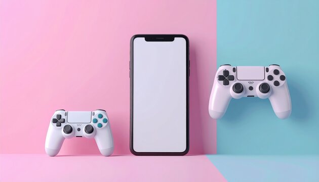 Simple mobile gaming setup with smartphone and game controller, 3D Illustration, isolated on pastel background, soft shadows