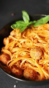 Spaghetti meatballs tomato sauce meat dish tasty snack fresh gourmet food background on the table rustic food top view copy space