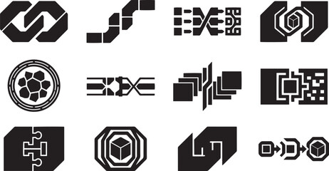 Fototapeta premium Blockchain Node Vector Logo Set with Data Integration, Smart Contract, and Tech Infrastructure Icons