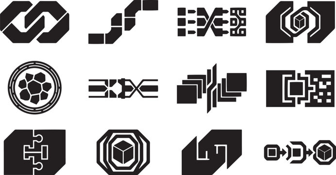 Blockchain Node Vector Logo Set with Data Integration, Smart Contract, and Tech Infrastructure Icons