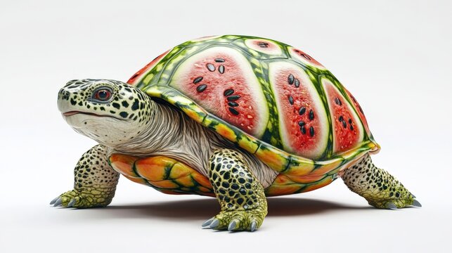 Turtle with watermelon shell and textured skin against a bright white background for unique design elements.
