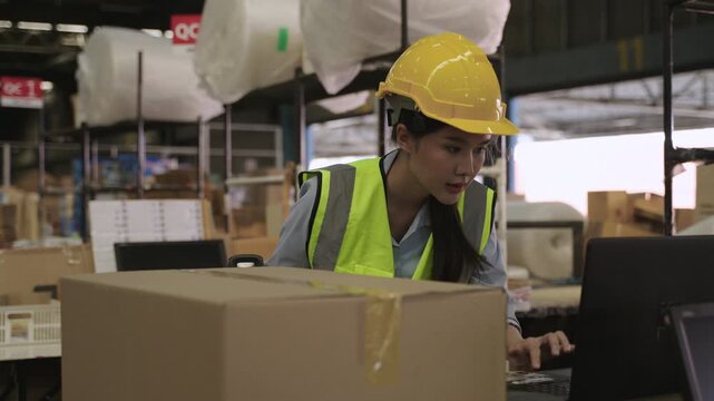 Beautiful Asian woman retail worker in uniform with yellow safety helmet using scanner for barcode scanning on cardboard box for stock and data with price before delivery in distribution warehouse. 