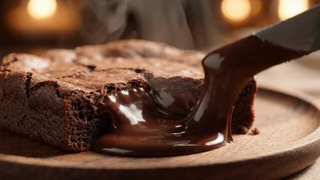 A sharp knife cutting into a warm gooey chocolate brownie on a wooden plate with brownie releasing molten through moist chocolate captures knife slicing video captures close up indulgence pastry