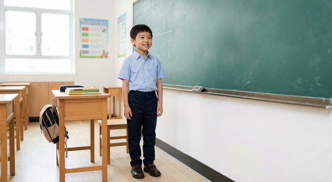 Smiling Chinese schoolboy standing by a green chalkboard in a classroom. Primary education and back to school concept