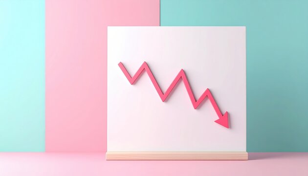 Downward graph line on white board, 3D Illustration, business decline and financial loss concept, pastel background