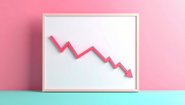 Downward graph line on white board, 3D Illustration, business decline and financial loss concept, pastel background