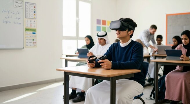 Arab teenage student wearing a VR headset and holding controllers in a classroom. Young man experiencing virtual reality technology for interactive learning. Modern digital education concept