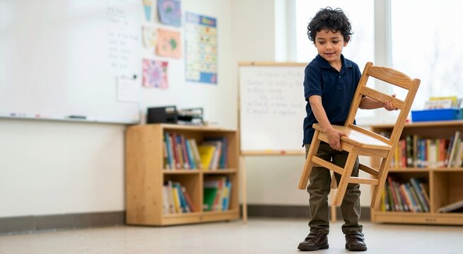 Hispanic boy lifting wooden chair in classroom. Young student helping tidy schoolroom interior. Elementary education concept