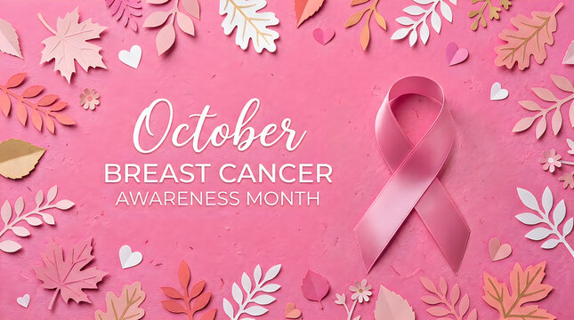 Breast cancer awareness month background with pink paper flowers and leaves on a soft pink surface