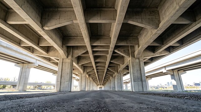 Concrete bridge structure with support pillars viewed from underneath on transparent background