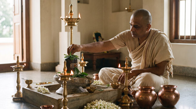 devotee performing Hindu ritual offering bilva leaves to shivling with brass lamps