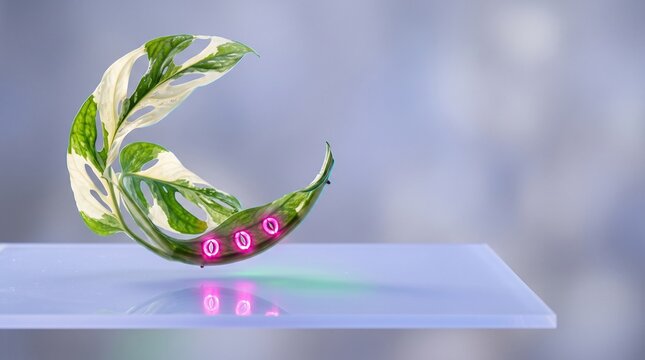 Floating stomata glow beneath a variegated monstera arc