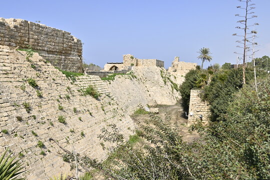 fortress, Caesarea, walls, moat, Israel, Ancient Crusader fortress walls and moat at Caesarea National Park, Medieval stone fortification ramparts and defensive moat in Israel