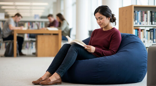 Hispanic female student reading book on beanbag chair. Young woman studying in modern university library