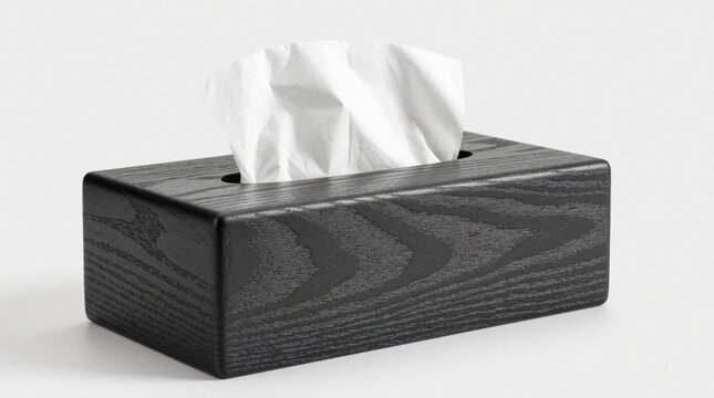 Black wooden tissue box with white paper napkins. Minimalist dark wood holder contains soft facial tissues. Modern home decor object sits on plain white surface. Elegant rectangular container for