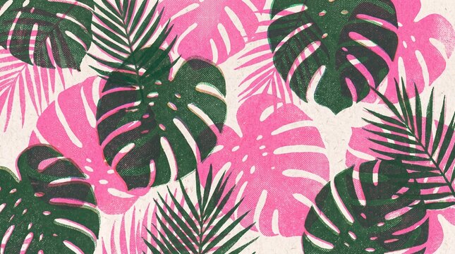 Full-frame abstract botanical illustration in traditional risograph print style. Overlapping monstera and palm leaves filling the image. Vibrant neon pink and deep forest green halftone texture.