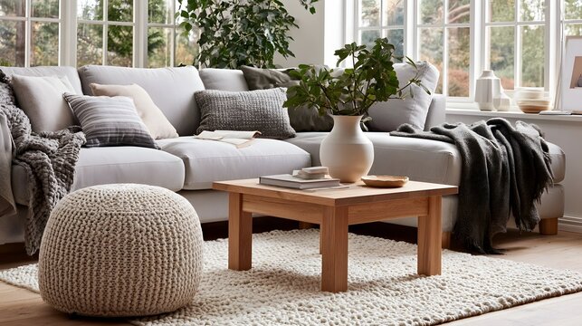 A cozy living room with a light gray sectional sofa  wooden coffee table  knit pouf  and indoor plants near large