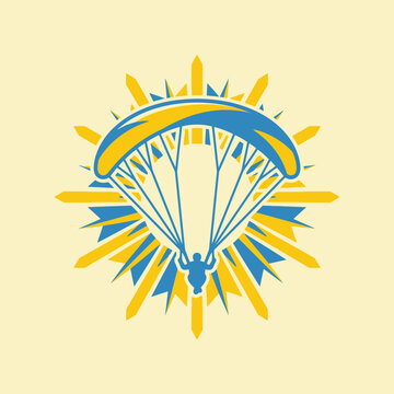 Dynamic Paragliding Icon With Sunburst Emblem And Silhouette